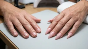 Close-up comparison of short rounded-square nails and long stiletto nails