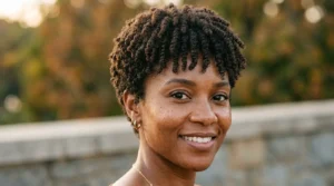 Black woman with a short brushed-forward natural crop hairstyle
