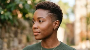 Black woman with a short barely-there taper haircut