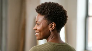 Black woman with a soft tapered haircut and fuller natural crown