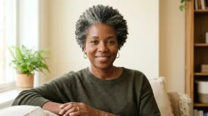 Black woman with a short salt-and-pepper natural crop and naturally textured coily hair.