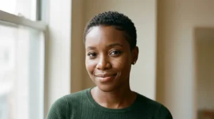Black woman with a low Caesar cut and short naturally textured coily hair.