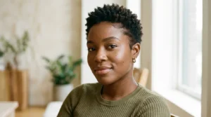 Black woman with a textured micro crop and short natural coily hair.