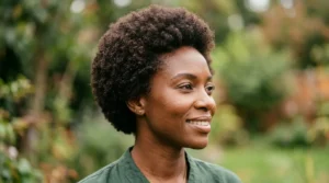 Black woman with a soft rounded teeny weeny afro