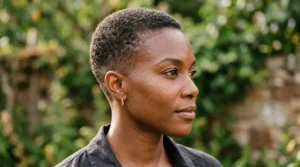 Black woman with a very short close buzz cut