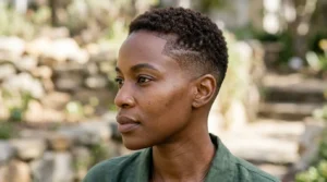 Black woman with a short buzz cut and low tapered sides