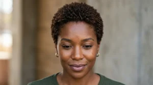 Black woman with a short even coily crop haircut