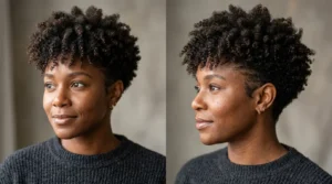 Black woman with natural curls and a low taper haircut