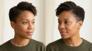 Black woman with a short tapered natural haircut and soft side part