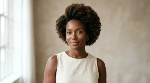 Black woman with a rounded tapered afro and natural coily hair