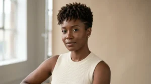 Black woman wearing a tapered finger-coil haircut with defined natural coils