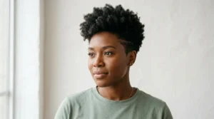 Black woman with a short natural hairstyle and clean temple taper