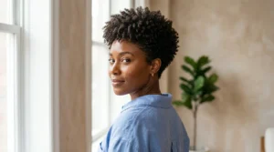 Black woman with a short natural crop and neatly tapered nape