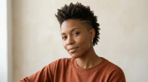Black woman with a mini frohawk taper and natural coily hair