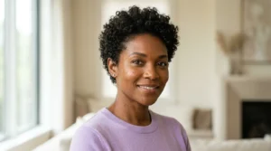 Black woman with a soft curly pixie cut and natural textured curls