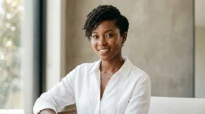 Black woman with a side-swept pixie cut and short natural curls