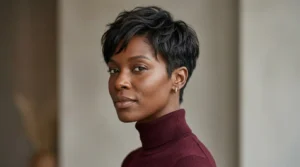 Black woman with a layered pixie cut and textured natural hair