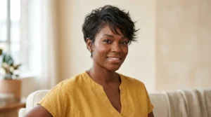 Black woman with a short pixie cut and long side-swept fringe