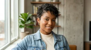 Black woman with a piecey pixie haircut and separated textured layers