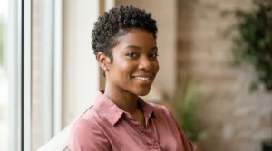 Black woman with a short pixie haircut and soft natural sideburns