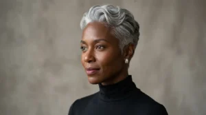 Black woman with a sculpted silver-gray pixie haircut