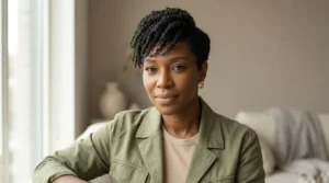 Black woman with a forward-layered crop and short textured natural hair