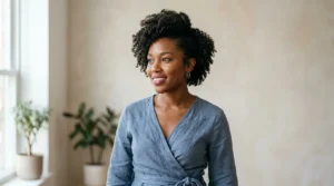 Black woman with an off-center curly crop and natural textured curls