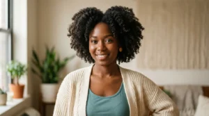 Black woman with a fluffy natural wash-and-go hairstyle