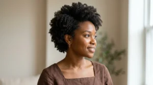 Black woman with a short layered afro and natural coily texture