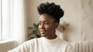 Black woman with a crown-lifting taper and natural coily hair