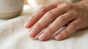 Close-up of neatly manicured round-shaped nails with a soft curved edge