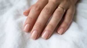Close-up of square-shaped nails with straight sides and flat tips