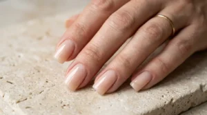 Close-up of squoval nails with flat tips and softly rounded corners