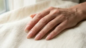 Close-up of almond-shaped nails with tapered sides and softly rounded tips