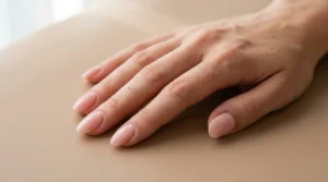 Close-up of soft almond nails with gently tapered sides and rounded tips