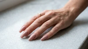 Close-up of coffin-shaped nails with tapered sides and flat tips