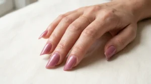 Close-up of lipstick-shaped nails with distinctive diagonal tips