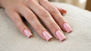 Close-up of flare-shaped nails that widen toward the tips
