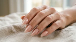 Close-up of edge-shaped nails with angular tips and a raised center ridge