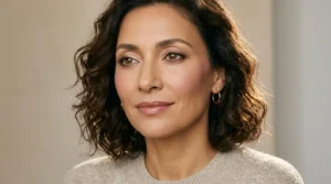 Woman wearing soft glam makeup with warm eyeshadow, sculpted cheeks, and a nude-rose lip