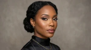 Woman wearing full glam makeup with defined eyes, sculpted cheeks, and polished lips