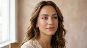 Woman wearing romantic makeup with rosy eyeshadow, soft blush, and a pink glossy lip