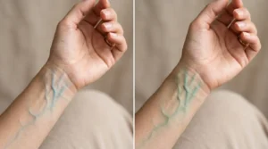 Side-by-side comparison of blue and green veins visible beneath a woman's wrist skin