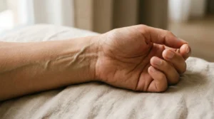 Green veins visible beneath the wrist skin suggesting a warm undertone