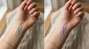 Side-by-side comparison of blue and purple veins visible beneath a woman's wrist skin