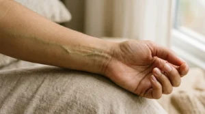 Green veins visible beneath olive-toned skin on a woman's wrist