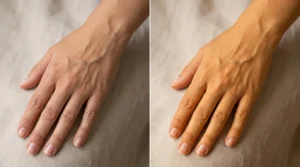 Side-by-side comparison showing surface skin tone and underlying warm undertone