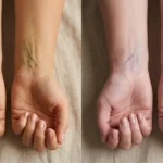 Side-by-side comparison of green and blue wrist vein color for identifying makeup undertone