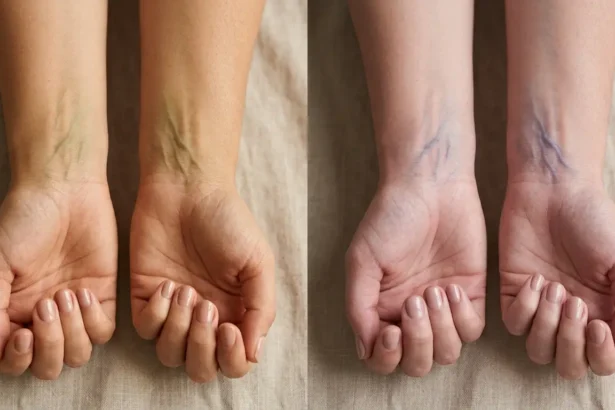 Side-by-side comparison of green and blue wrist vein color for identifying makeup undertone