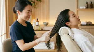 A relaxing scalp massage performed during a Japanese scalp treatment.